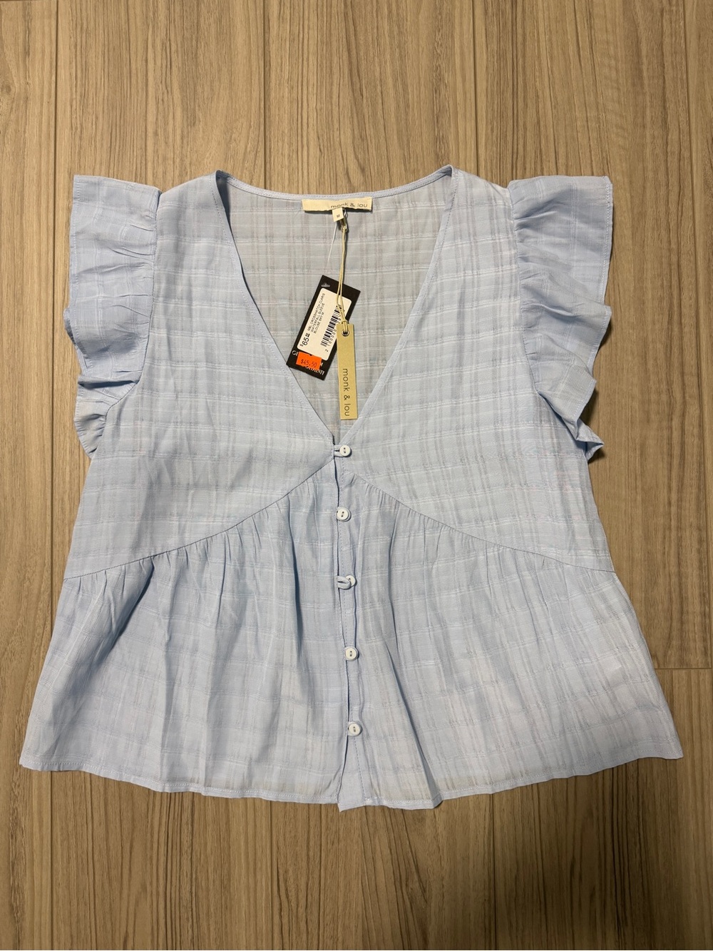 Light Blue Ruffle Sleeve Button-Front Blouse